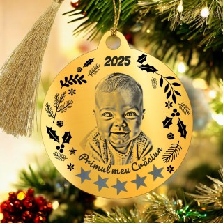 Decoratiune Personalizata Craciun Glob Inox Auriu Primul Craciun