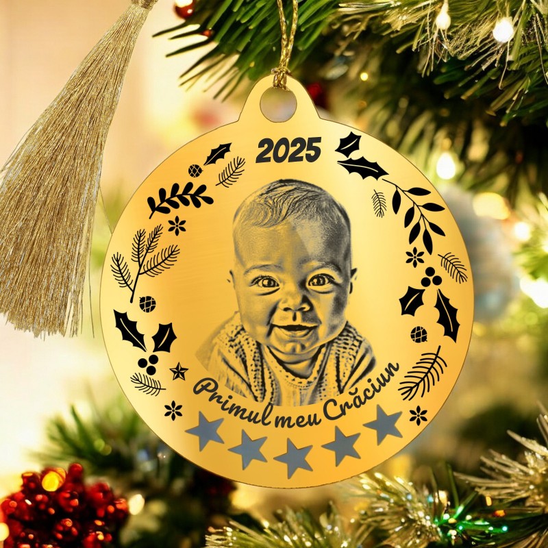 Decoratiune Personalizata Craciun Glob Inox Auriu Primul Craciun