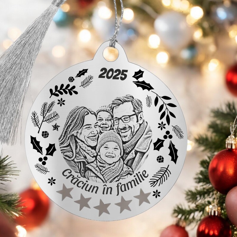 Decoratiune Personalizata Craciun Glob Inox Argintiu Craciun in familie