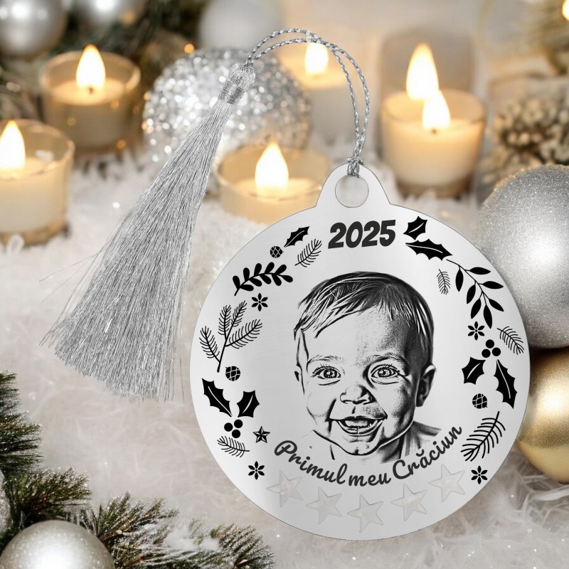                  Decoratiune Personalizata Craciun Glob Inox Argintiu Primul Craciun
               