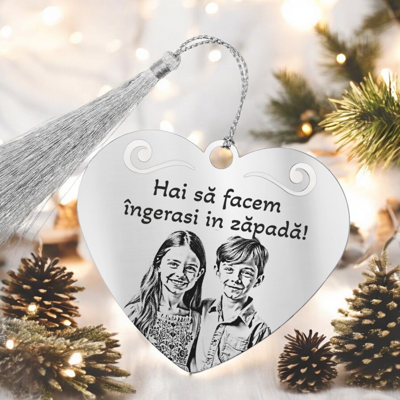 Decoratiune Personalizata Craciun Inima Inox Argintiu Mesaj Poza