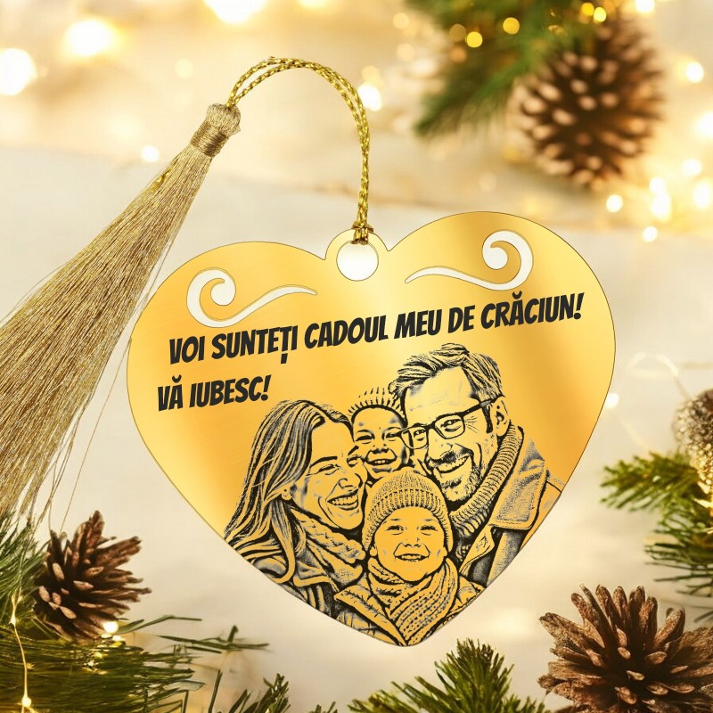 Decoratiune Personalizata Craciun Inima Inox Auriu Mesaj Poza