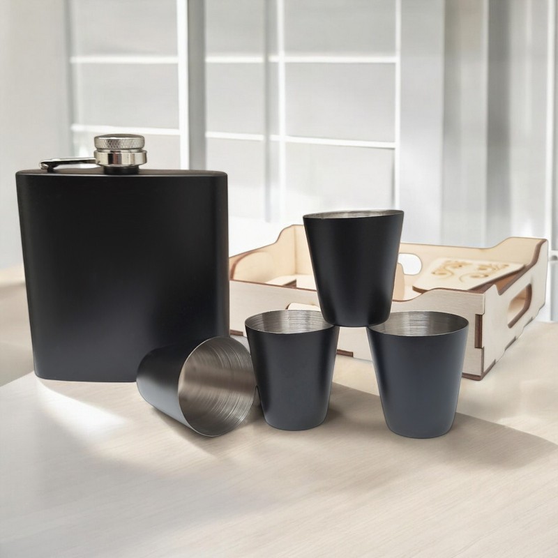 Set Cadou Pahare si Sticla de buzunar Personalizata Inox Negru 200ml Poza si mesaj