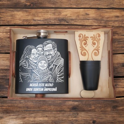 Set Cadou Pahare si Sticla de buzunar Personalizata Inox Negru 200ml Poza si mesaj