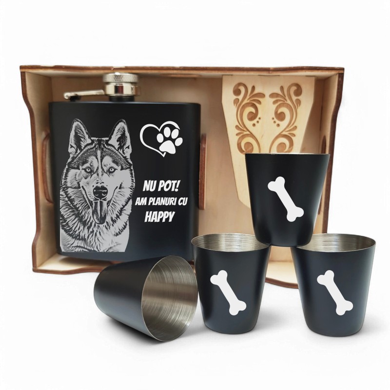                  Set Cadou Pahare si Sticla de buzunar Personalizata Inox Negru Tava 200ml Poza Iubitori de animale
               