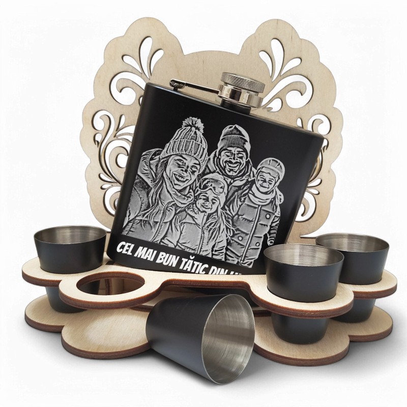 Set Cadou Pahare si Sticla de buzunar Personalizata Inox Negru 200ml Poza si Mesaj