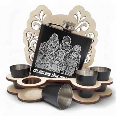 Set Cadou Pahare si Sticla de buzunar Personalizata Inox Negru 200ml Poza si Mesaj
