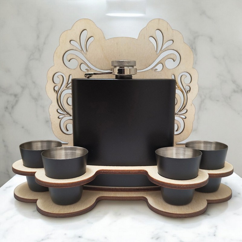 Set Cadou Pahare si Sticla de buzunar Personalizata Inox Negru 200ml Poza si Mesaj