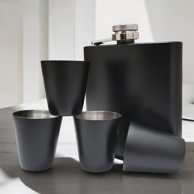 Set Cadou Pahare si Sticla de buzunar Personalizata Inox Negru 200ml Poza si Mesaj
