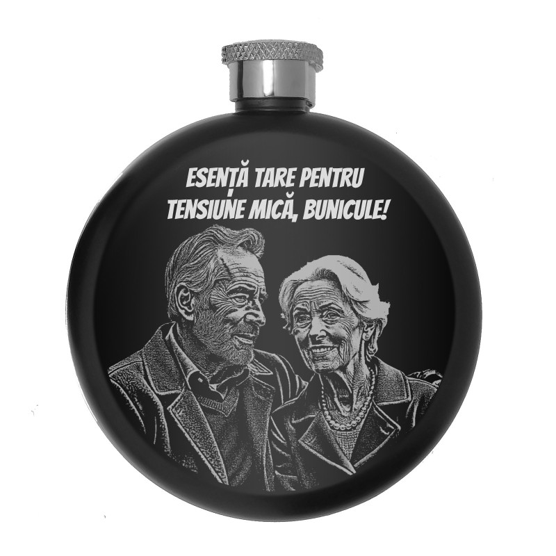 Sticla de buzunar Personalizata Inox Negru 140ml Poza si Mesaj