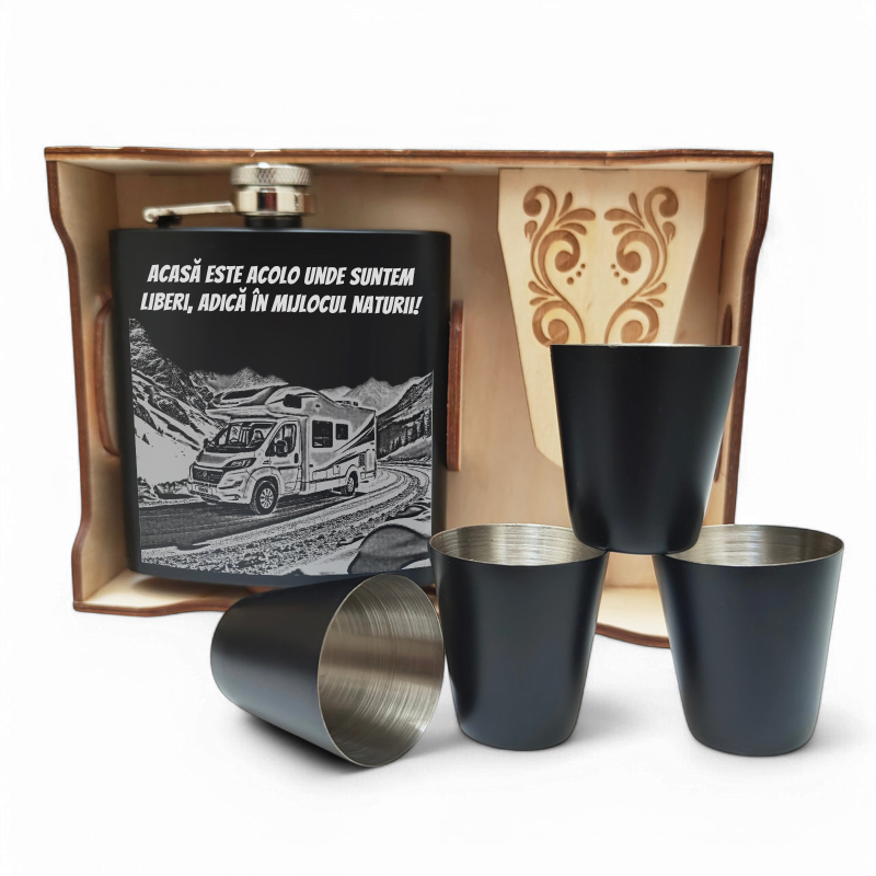                  Set Cadou Pahare si Sticla de buzunar Personalizata Inox Negru 200ml Poza si mesaj
               
