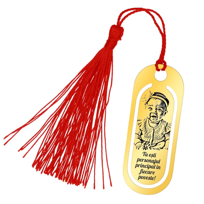Semn de Carte Personalizat Oval Inox Auriu Poza Mesaj