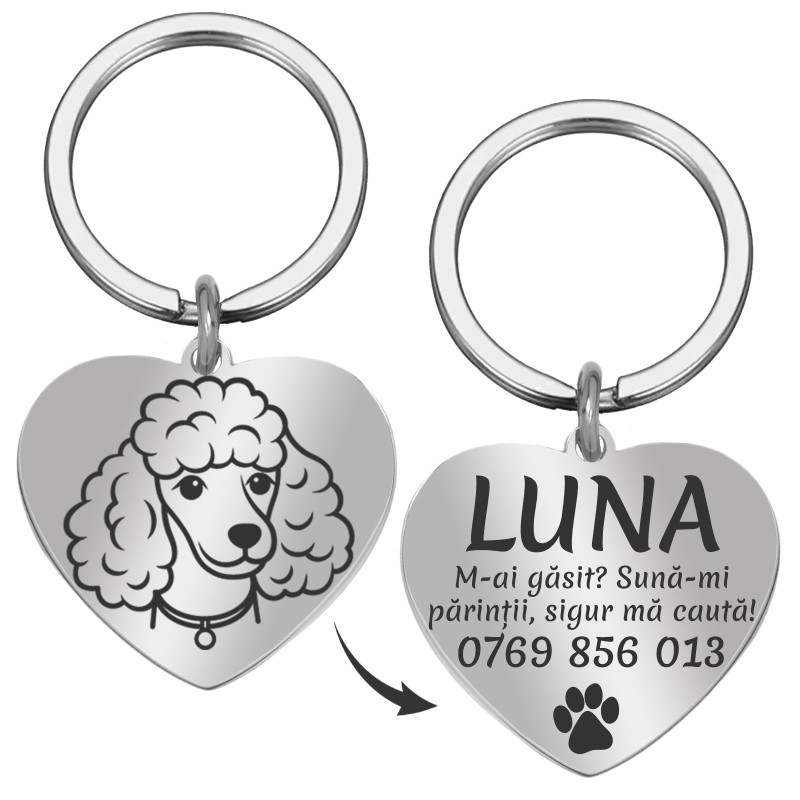 Medalion Personalizat Inima Inox Argintiu Desen Nume Telefon