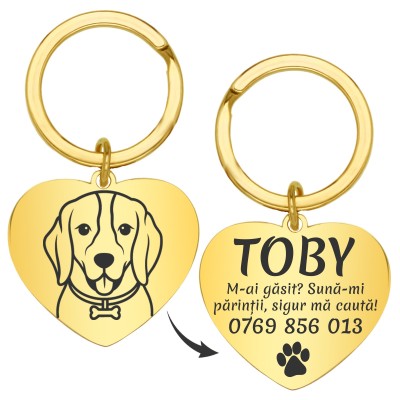 Medalion Personalizat Inima Inox Auriu Desen Nume Telefon