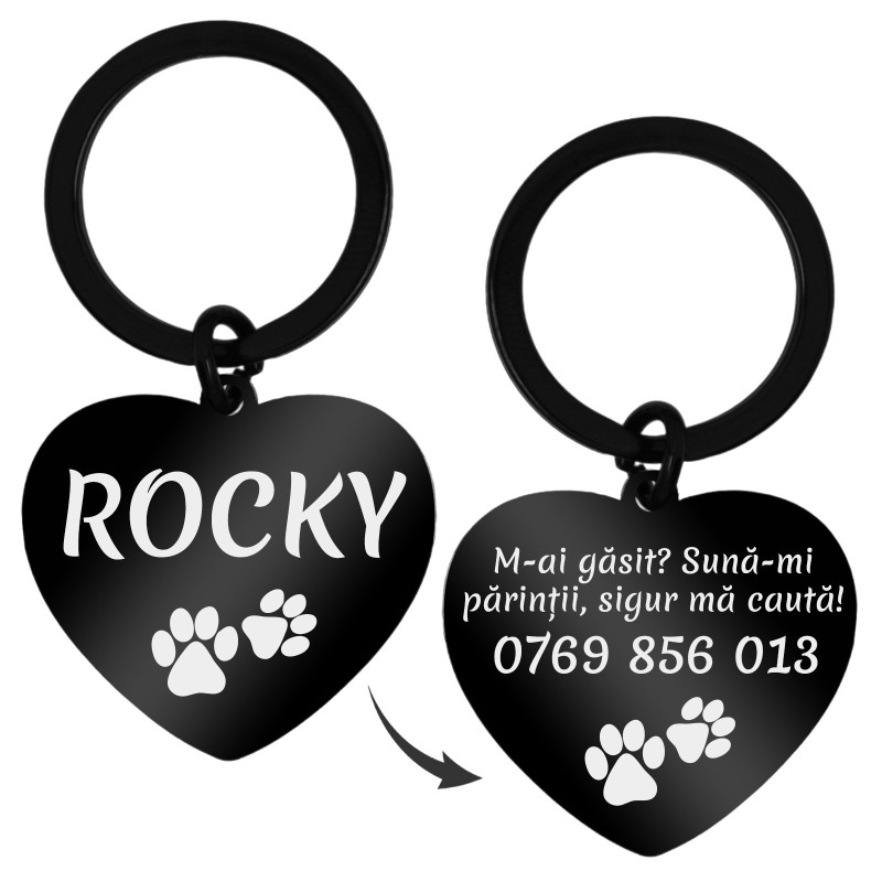                  Medalion Personalizat Inima Inox Negru Nume Mesaj Telefon
               