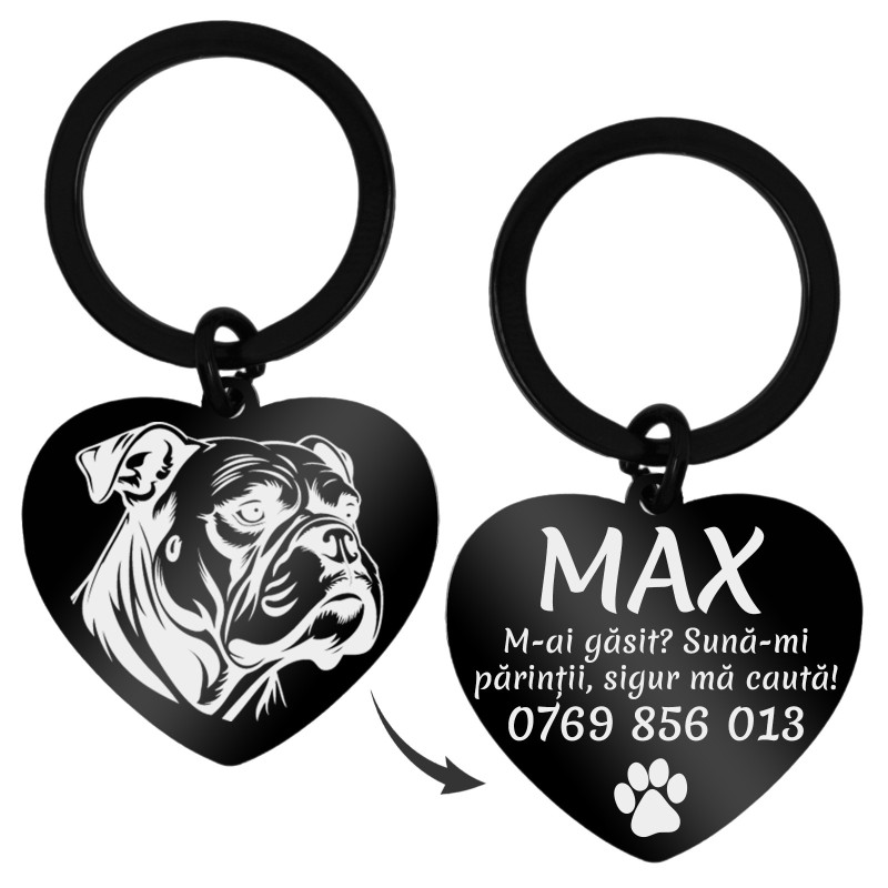 Medalion Personalizat Inima Inox Negru Desen Nume Telefon