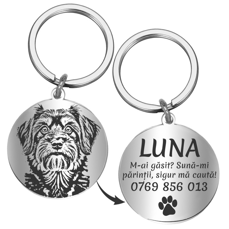 Medalion Personalizat Banut Inox Argintiu Poza Nume Mesaj Telefon