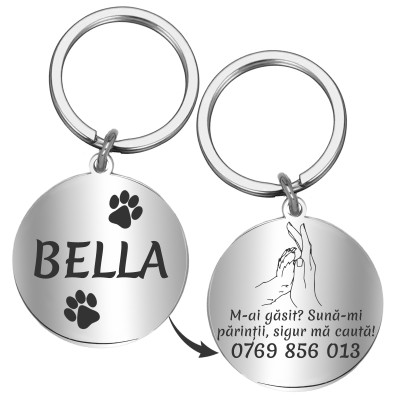 Medalion Personalizat Banut Inox Argintiu Nume Mesaj Telefon