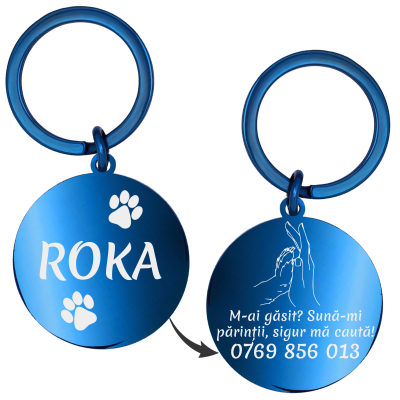 Medalion Personalizat Banut Inox Albastru Nume Mesaj Telefon