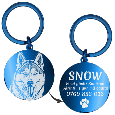 Medalion Personalizat Banut Inox Albastru  Poza Nume Mesaj Telefon