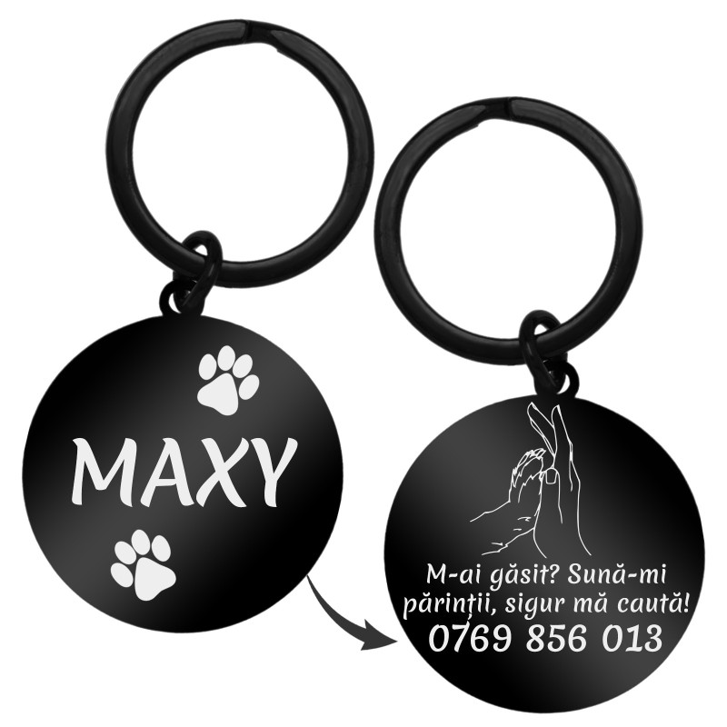 Medalion Personalizat Banut Inox Negru Nume Mesaj Telefon