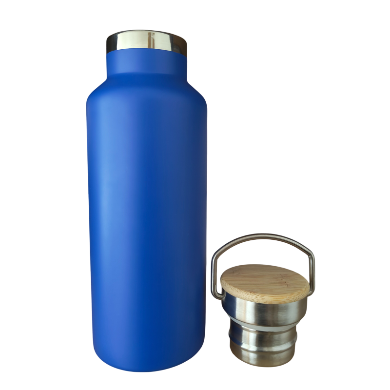Termos Personalizat Capac Bambus Inox Albastru Logo Companie