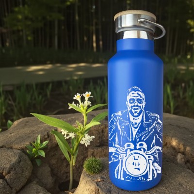 Termos Personalizat Capac Bambus Inox Albastru Poza