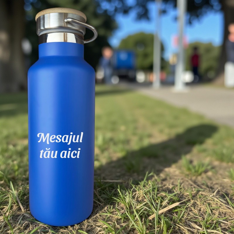Termos Personalizat Capac Bambus Inox Albastru Mesaj