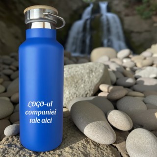 Termos Personalizat Capac Bambus Inox Albastru Logo Companie