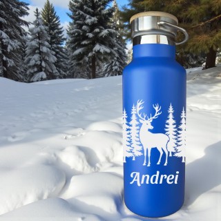 Termos Personalizat Capac Bambus Inox Albastru Simbol Nume si Mesaj