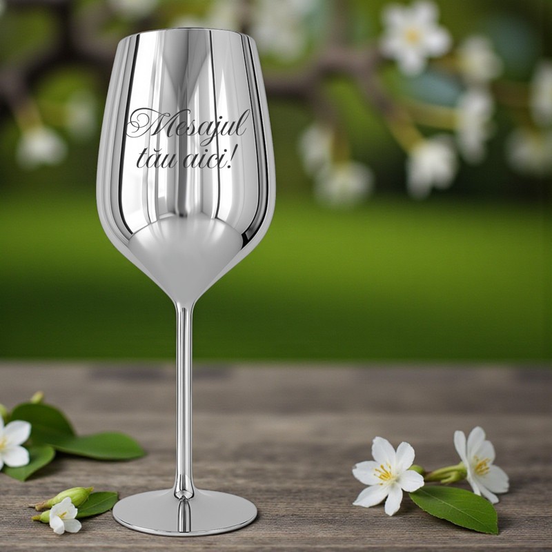 Pahar Vin Personalizat Inox Argintiu Mesajul Tau