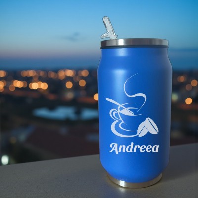 Termos Personalizat Doza cu Pai Inox Albastru Nume si Simbol