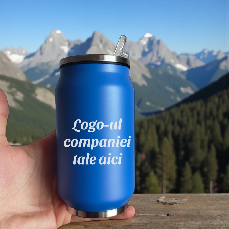 Termos Personalizat Doza cu Pai Inox Albastru LOGO companie