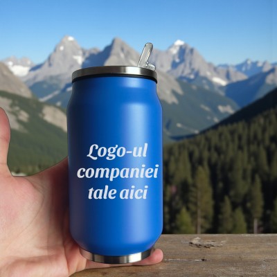 Termos Personalizat Doza cu Pai Inox Albastru LOGO companie