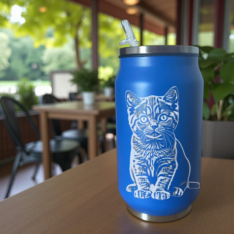 Termos Personalizat Doza cu Pai Inox Albastru Poza si Mesaj