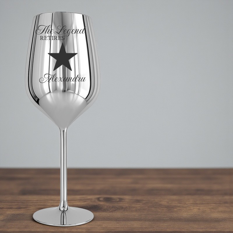Pahar Vin Personalizat Inox Argintiu Legenda se Pensioneaza