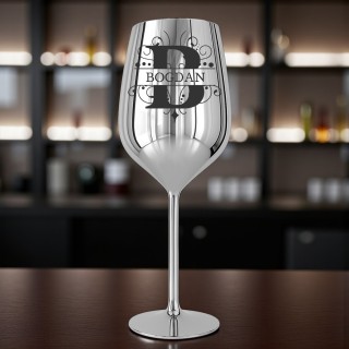 Pahar Vin Personalizat Inox Argintiu Initiala si Nume