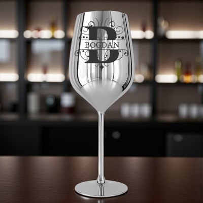 Pahar Vin Personalizat Inox Argintiu Initiala si Nume