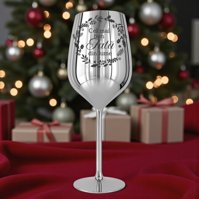 Pahar Vin Personalizat Inox Argintiu Dedicatie Motive Sarbatori