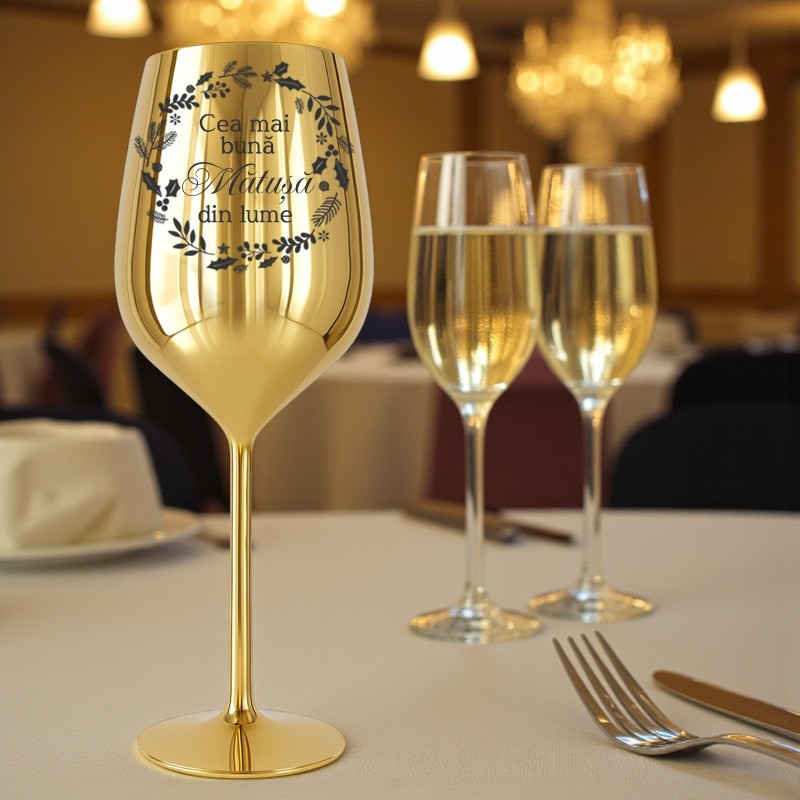                  Pahar Vin Personalizat Inox Auriu Dedicatie Motive Sarbatori
               