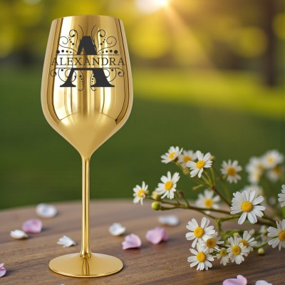 Pahar Vin Personalizat Inox Auriu Initiala si Nume