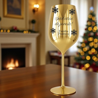 Pahar Vin Personalizat Inox Auriu Urare Craciun