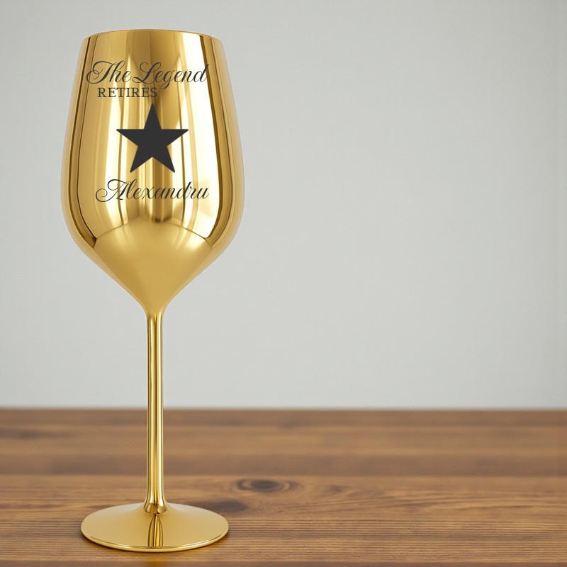                  Pahar Vin Personalizat Inox Auriu Legenda se Pensioneaza
               