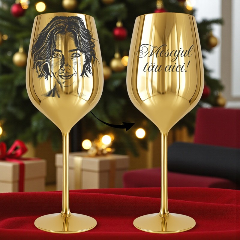                  Pahar Vin Personalizat Inox Auriu Poza si Mesaj
               