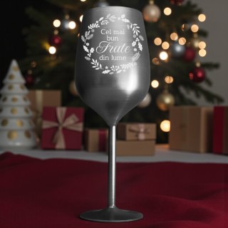 Pahar Vin Personalizat Inox Negru Satin Dedicatie Motive Sarbatori