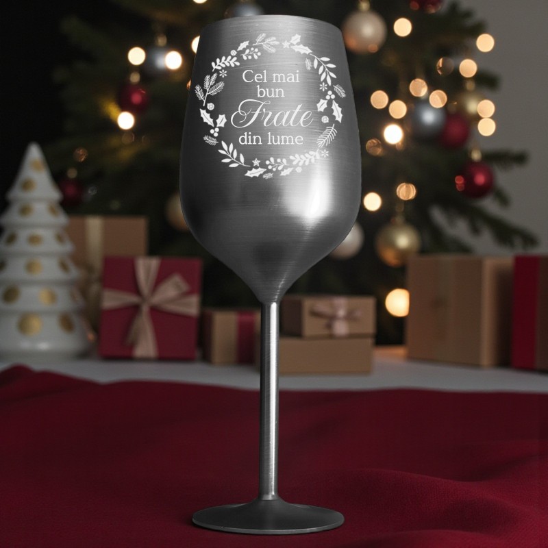 Pahar Vin Personalizat Inox Negru Satin Dedicatie Motive Sarbatori