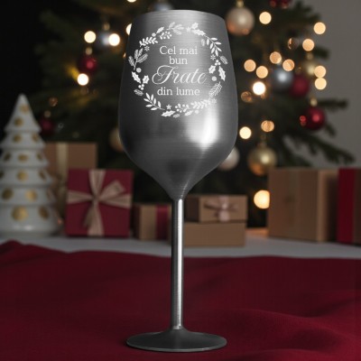 Pahar Vin Personalizat Inox Negru Satin Dedicatie Motive Sarbatori