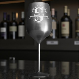Pahar Vin Personalizat Inox Negru Satin Initiala si Nume