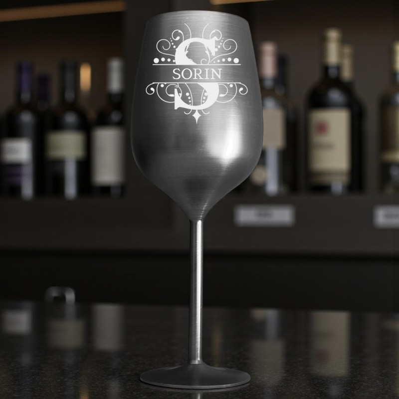 Pahar Vin Personalizat Inox Negru Satin Initiala si Nume