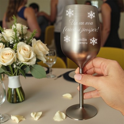 Pahar Vin Personalizat Inox Negru Satin Urare Craciun